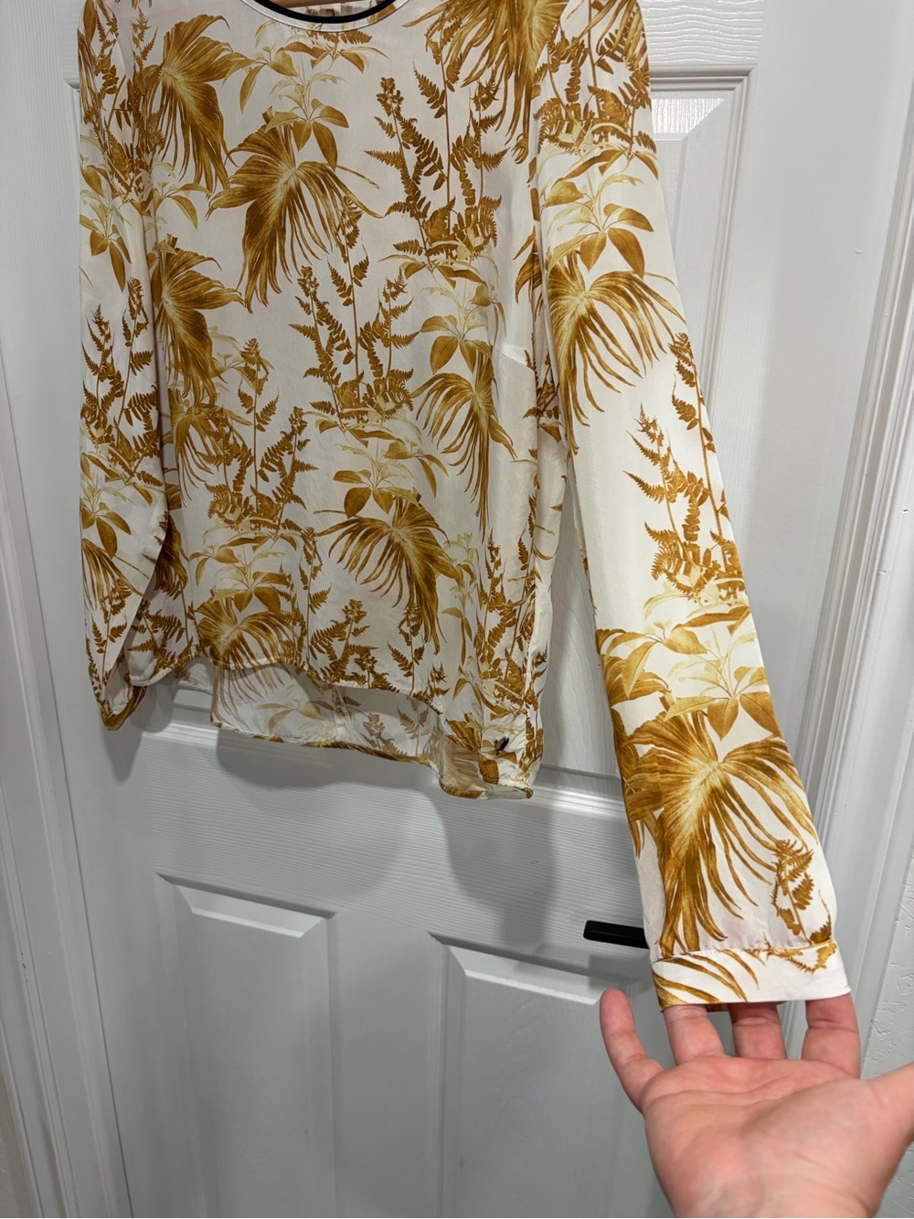 Mos Mosh Leaf Print Long-Sleeve Blouse Black Trim Button-Cuff Cupro - Picture 4 of 11